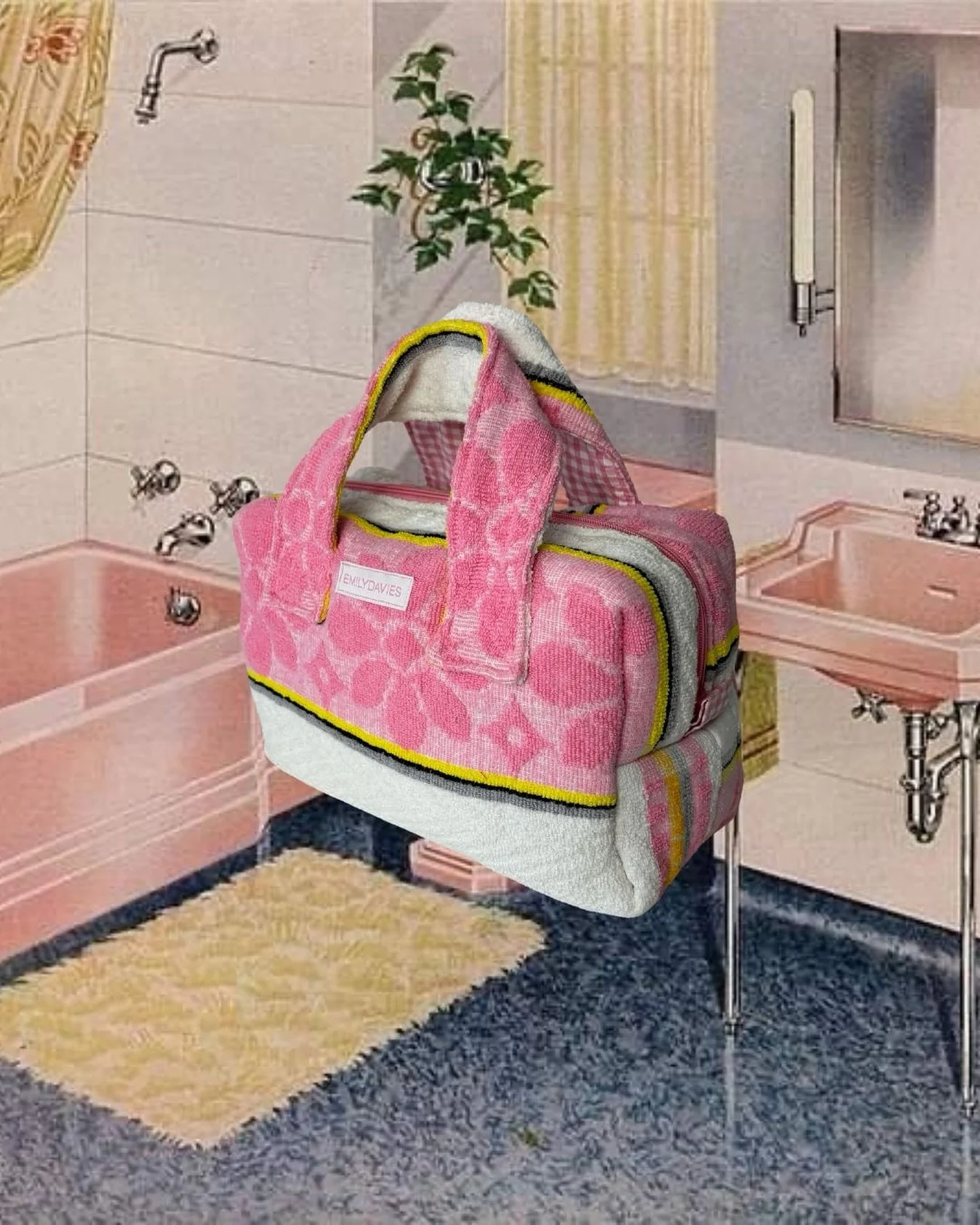 Dolly in her retro bathroom 🛁🩷💛

Made from a repurposed vintage towel in the most perfect shade of pink in a floral motif with accents of yellow, white and black. This Puffy Bowler is one of a kind and available to shop online now at emdaviesshop.