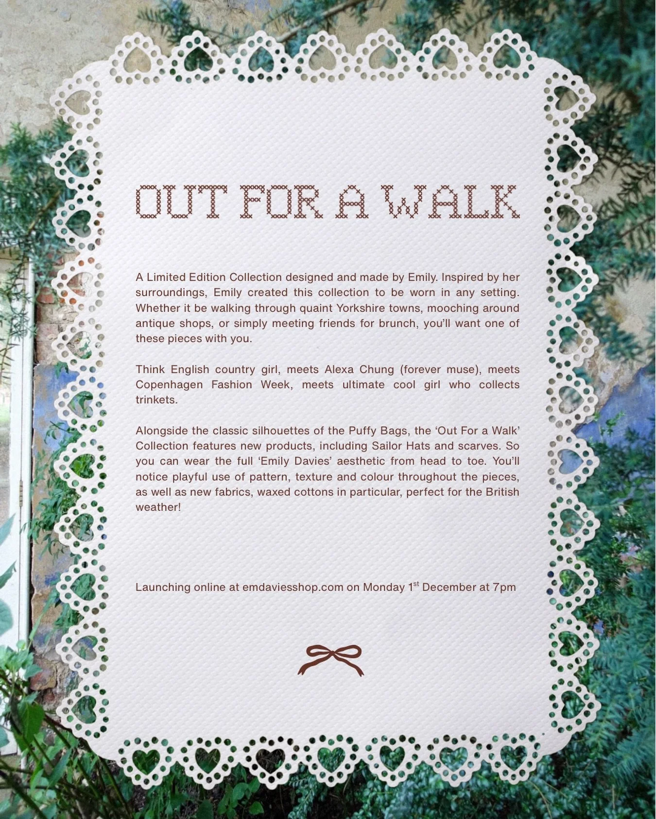 &lsquo;OUT FOR A WALK&rsquo; will be launching online on emdaviesshop.com on Monday 1st December at 7pm🤎

Shop the limited edition collection exclusively online, including one of a kind bags and new products like sailor hats and cable knit scarves. 