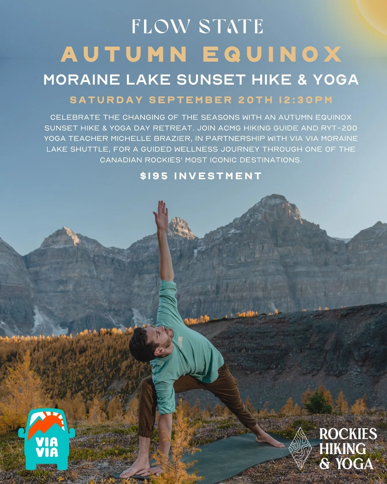 Join ACMG Hiking Guide and RYT-200 Yoga Teacher Michelle Brazier @rockieshikingandyoga and @viaviamorainelake for a full-day retreat of hiking, mindfulness, and movement in the stunning Valley of the Ten Peaks. 🍂

As the golden larches signal the tu