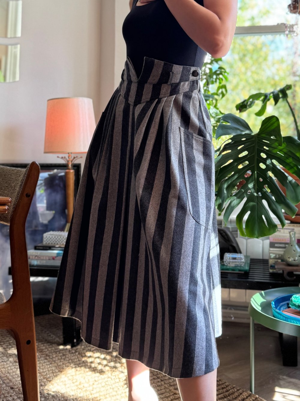 Gray Striped Wool Flared Yoke Skirt, M-L — PIQUANT