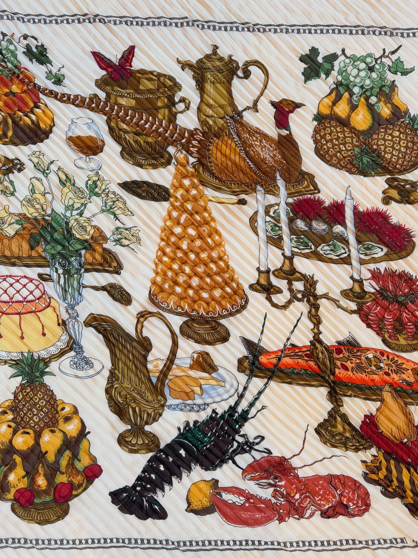 I&rsquo;m no cook but I can provide beautiful serveware, and this scarf!

Herm&egrave;s Limited Edition &ldquo;Gastronomie&rdquo; Pliss&eacute; for Hennessy by Christiane Vauzelles and Robert Dumas in 1952. Printed on Silk Georgette

The design depic
