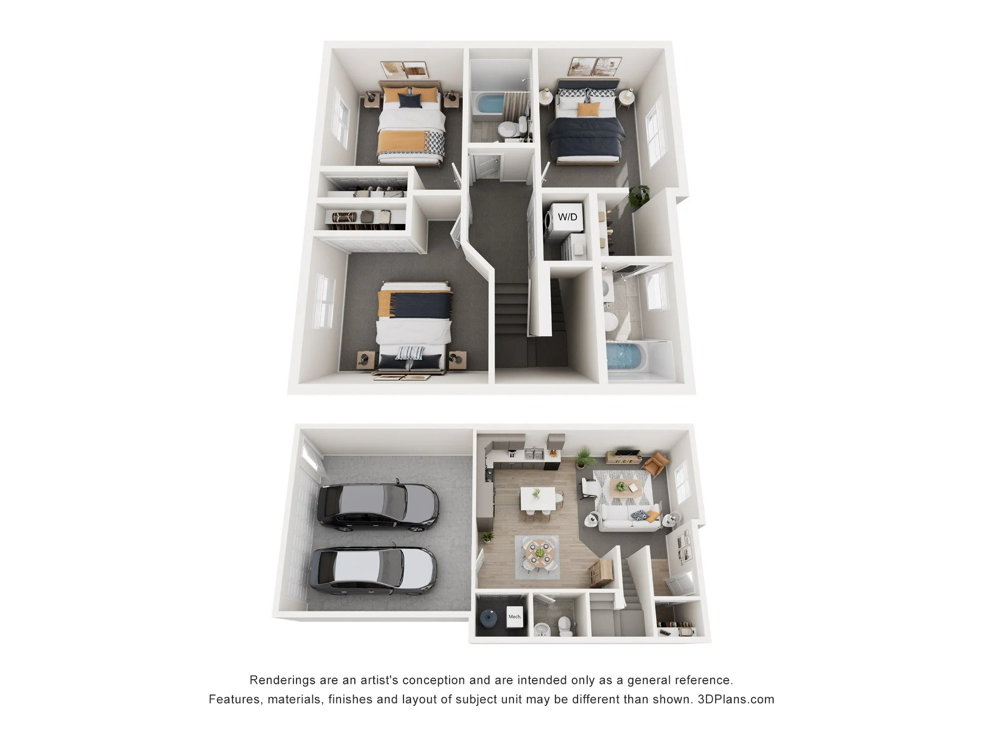 Stafford three-bedroom, two-and-a-half-bath townhome overhead floor plan