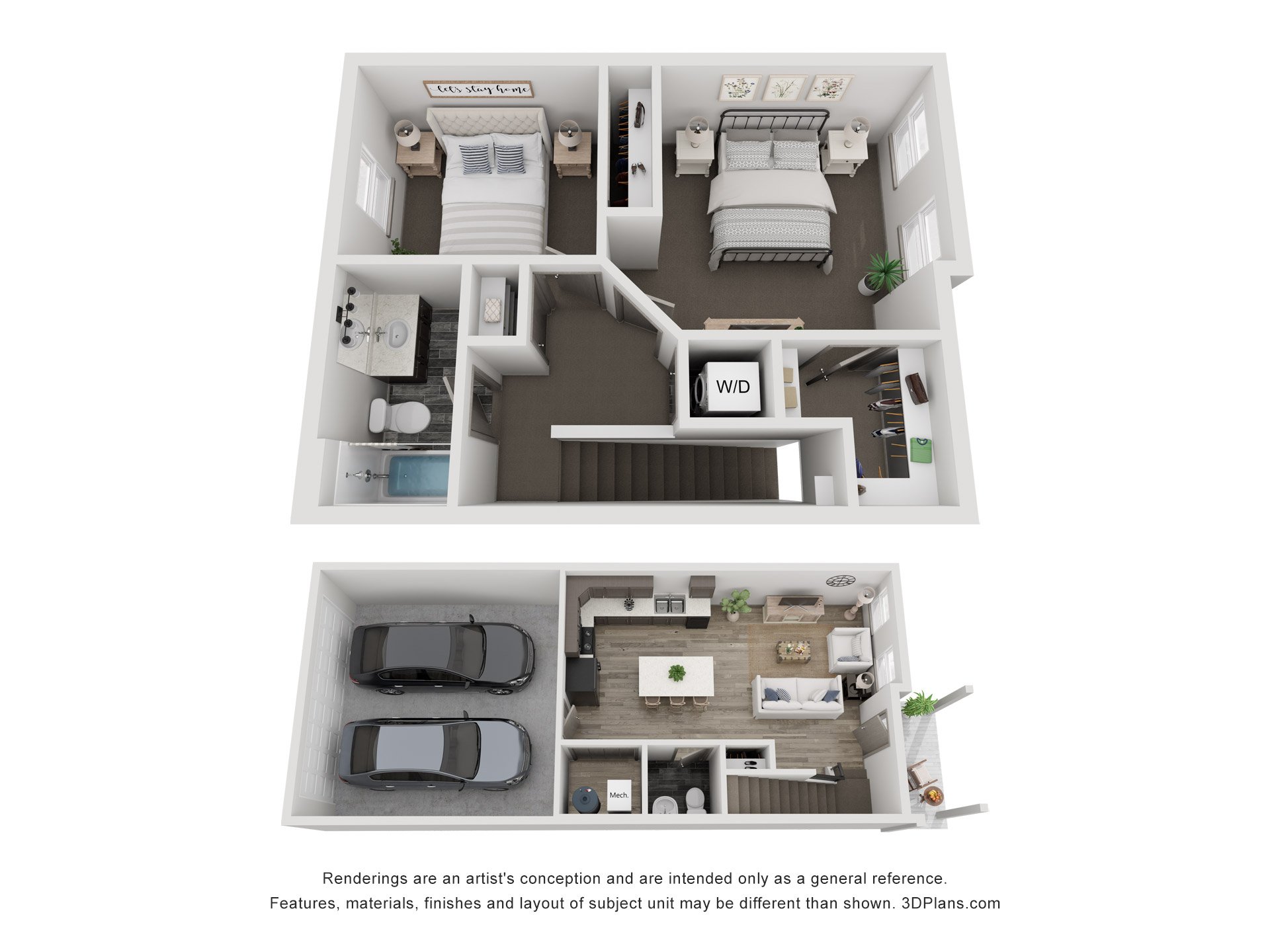Stafford two-bedroom, one-and-a-half-bath townhome overhead floor plan