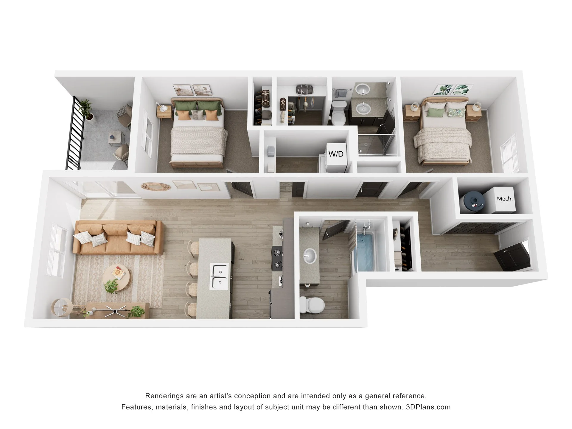 Maypenny two-bedroom, two-bath overhead floor plan