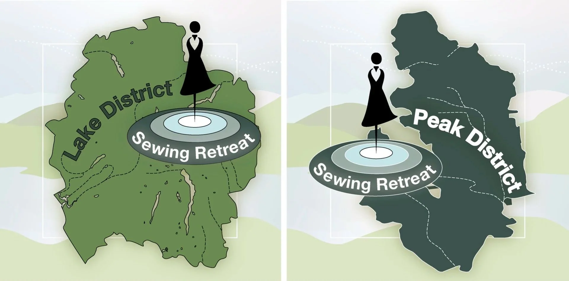 Graphics showing Lake and Peak District Sewing Retreats