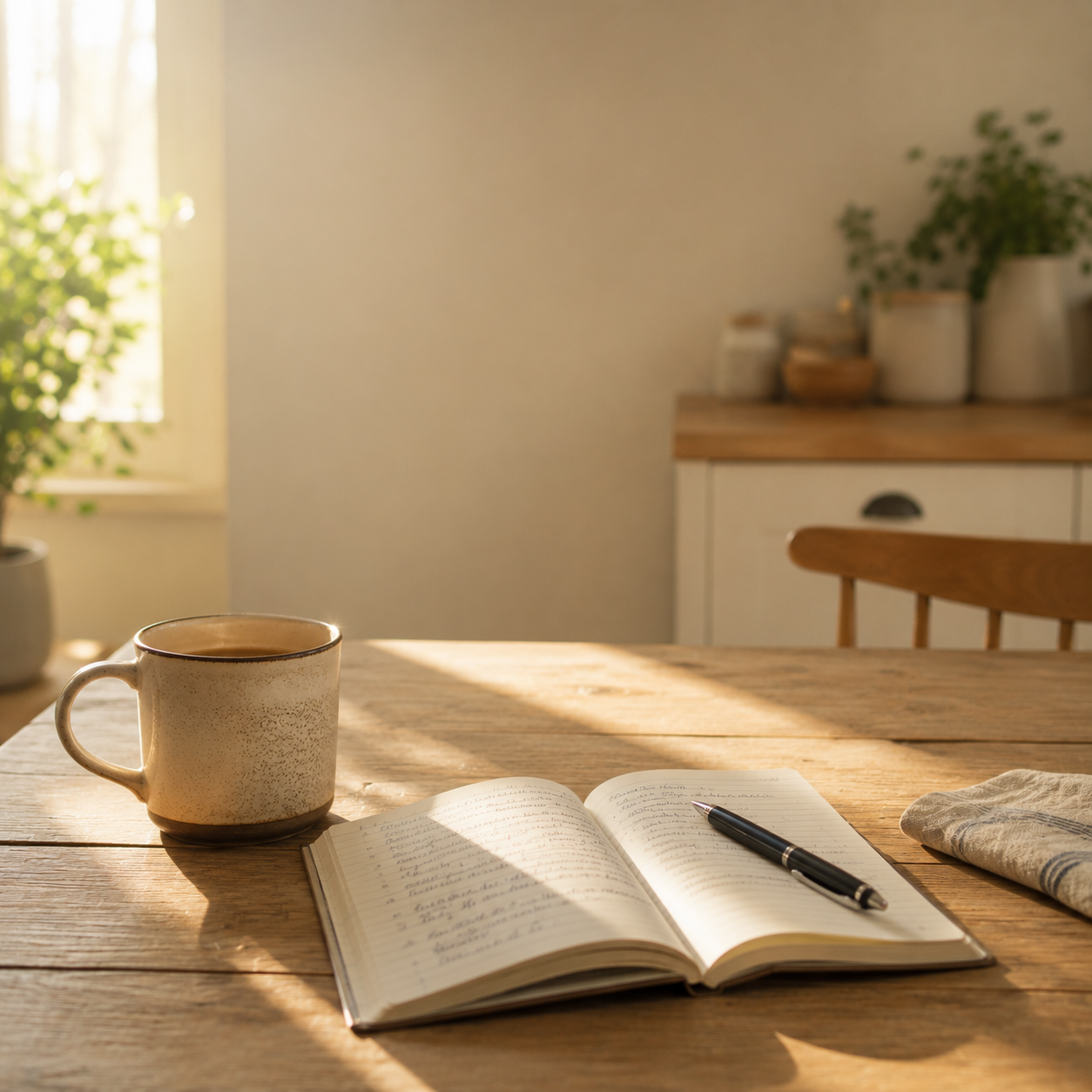 A mug and open notebook on a kitchen table in warm morning light, suggesting a family preparing to think through home care options for an aging parent.