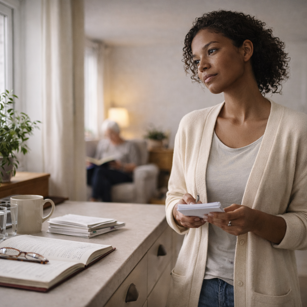 Adult daughter standing in a kitchen holding handwritten notes, appearing thoughtful, with an older parent seated in the background reading, in a warm, lived-in home setting.