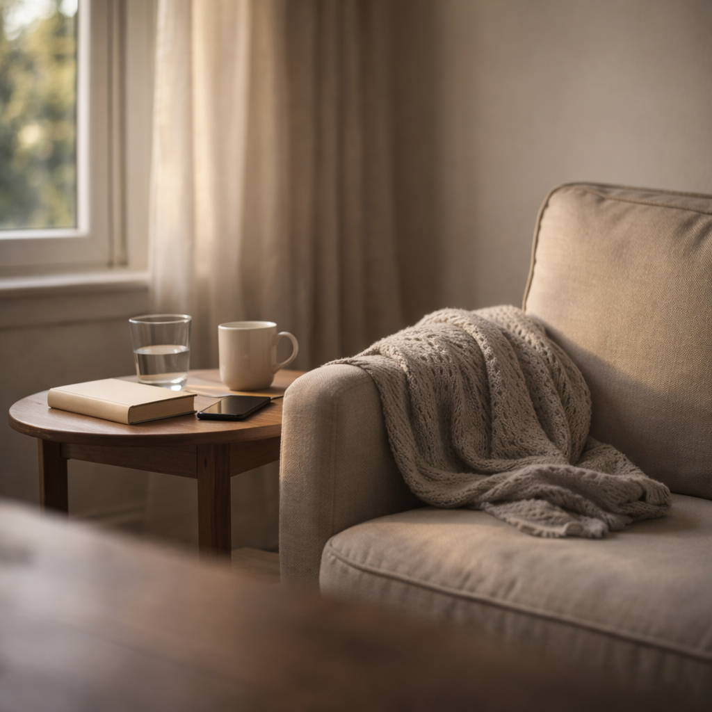 A quiet living-room corner with an armchair and side table holding a book, a mug, and a face-down phone in soft window light.