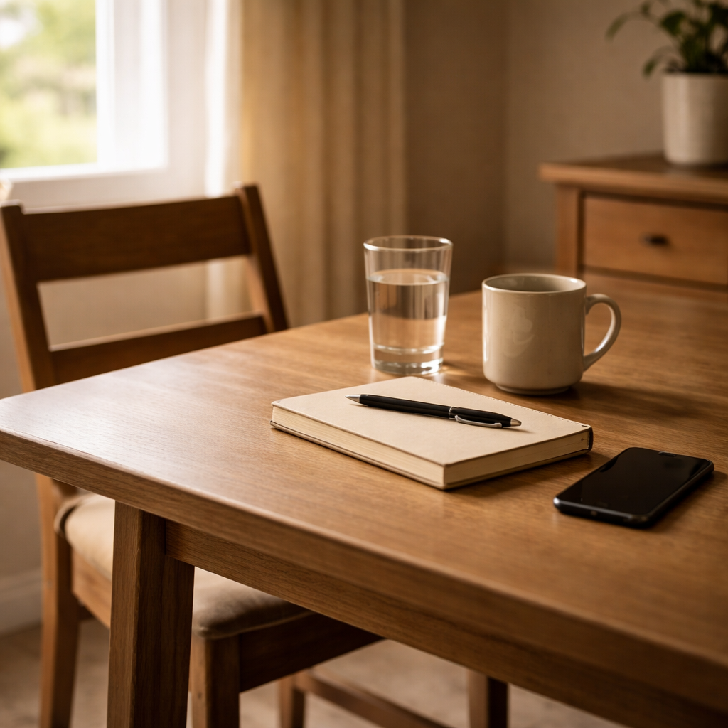 A quiet table with two chairs, a mug, a glass of water, a closed notebook, and a face-down phone in soft window light, suggesting a paused family conversation.