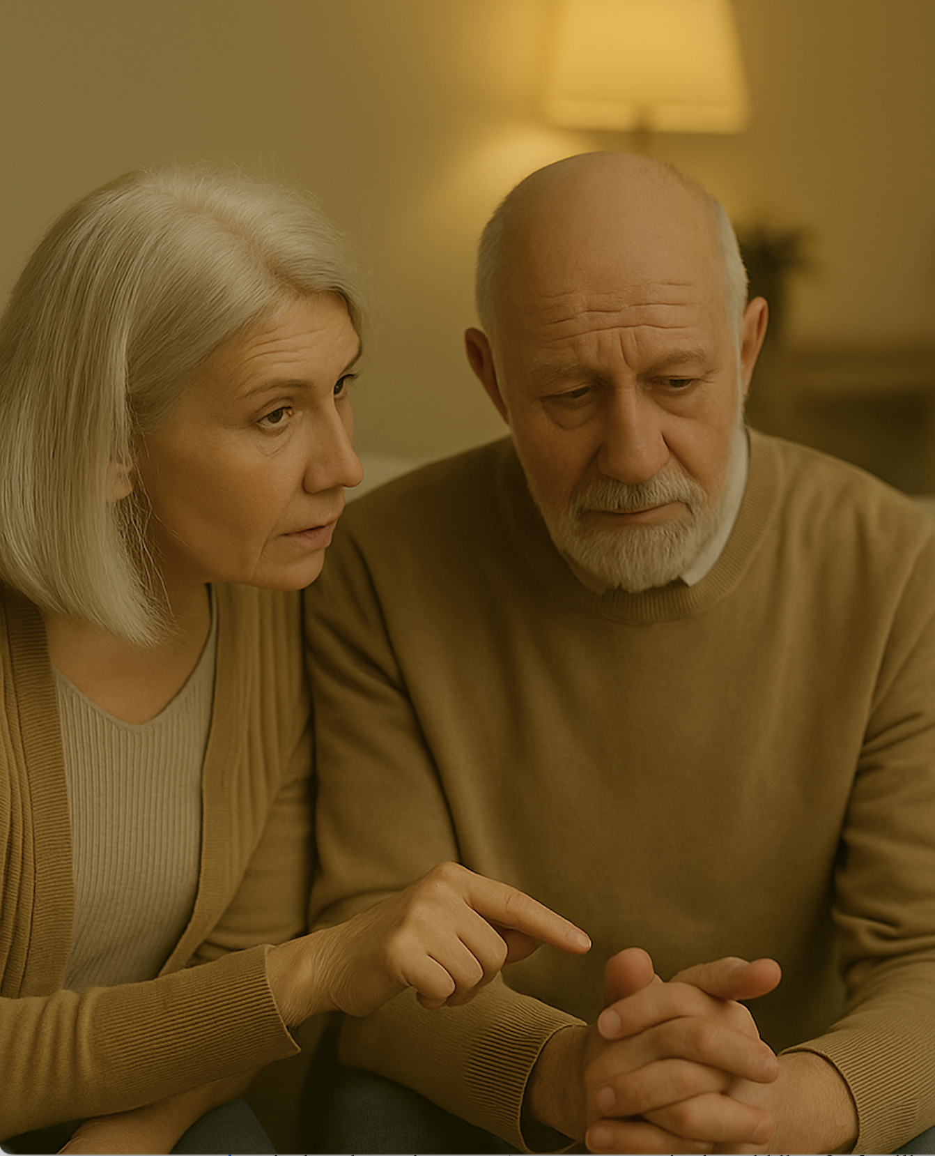 An older woman points while speaking to her partner, who sits beside her with his hands folded, looking concerned. The setting is a warmly lit living room, suggesting a serious conversation about health or care decisions.