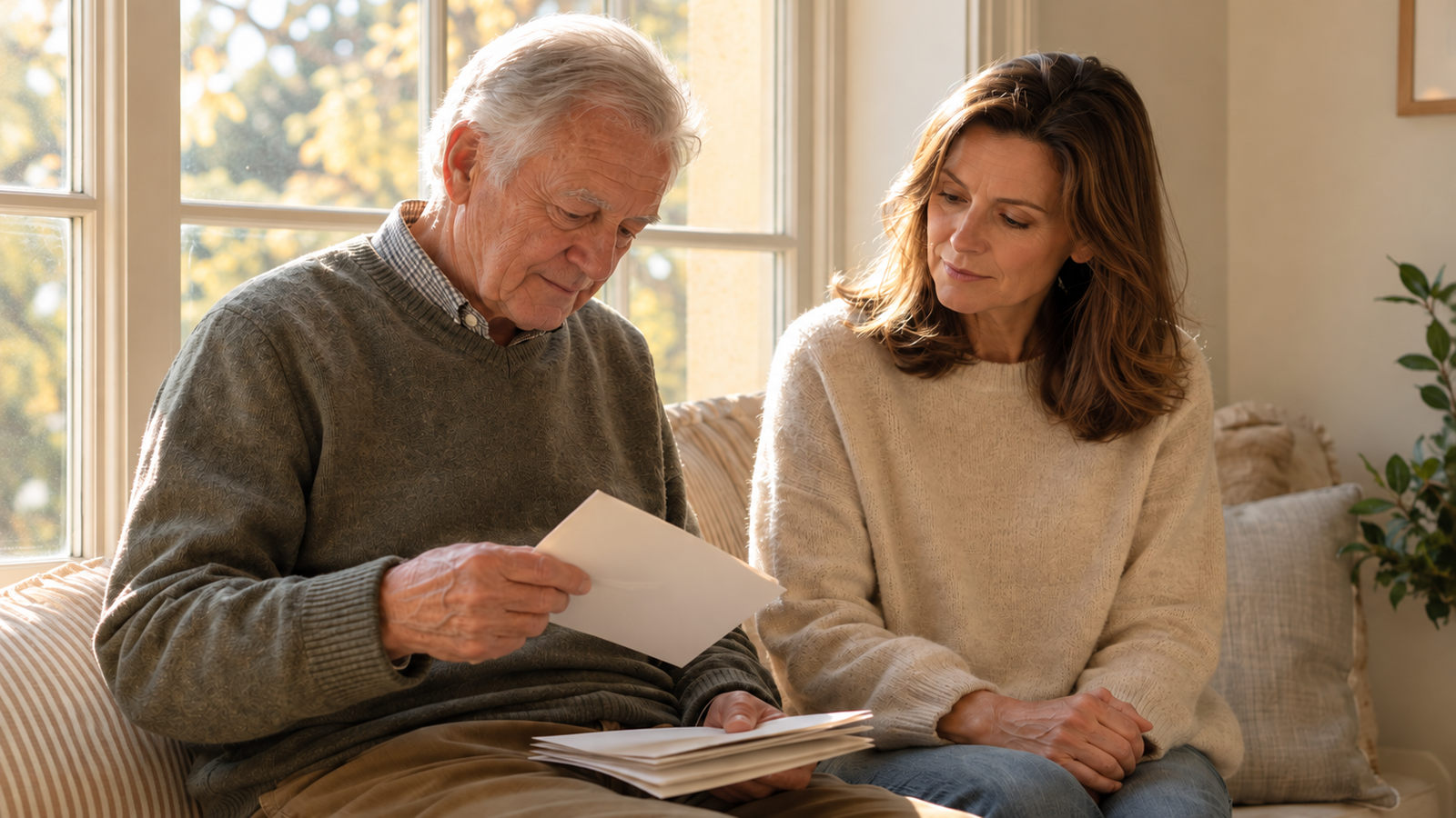 An older man reviews envelopes while a woman sits beside him on a sofa near a sunlit window.