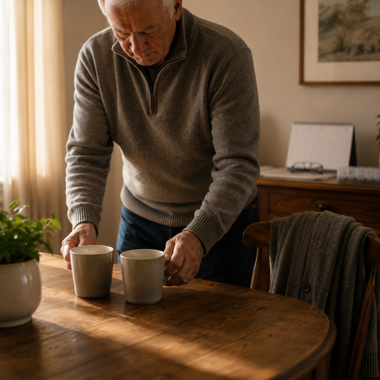 Older man placing two mugs on a table during the daily routine of caring for his spouse.