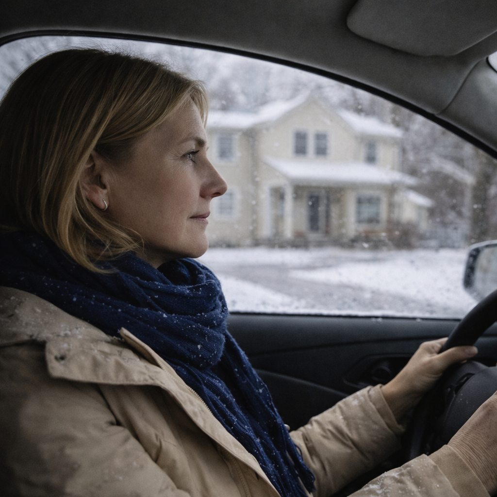 Adult daughter seated in a parked car during winter, wearing a beige jacket and navy scarf, pausing thoughtfully while looking toward a family home ahead.