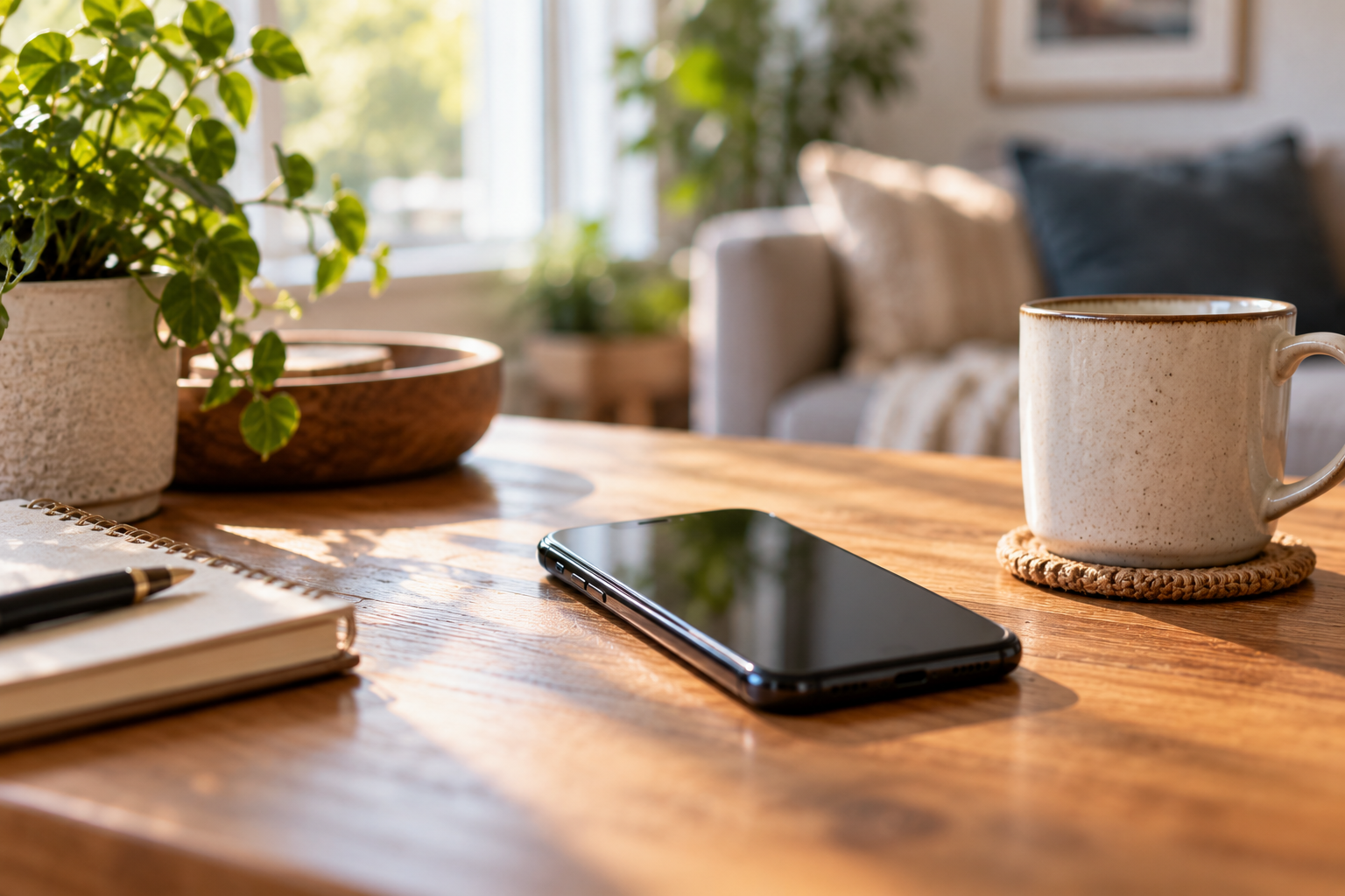 A smartphone on a wooden table next to a coffee mug and notebook in a comfortable home, symbolizing a phone call and the importance of pausing and verifying.