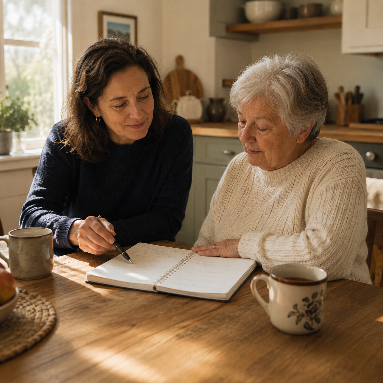 An adult child and aging parent seated together at a kitchen table in natural light, reviewing a simple care plan with calm and steadiness.