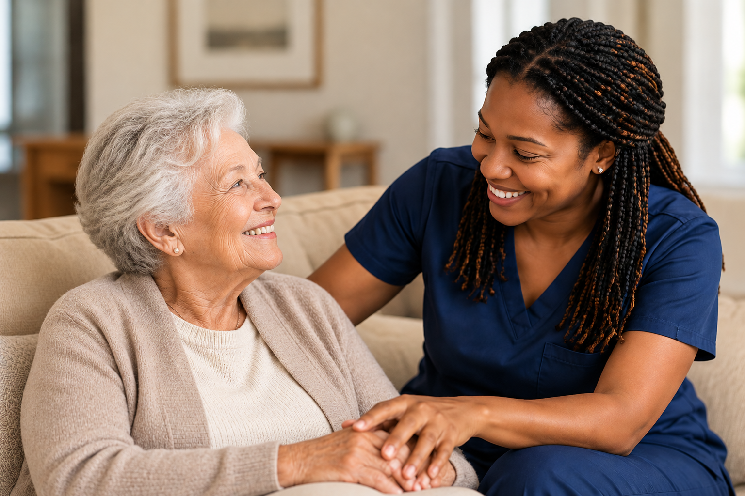Caregiver in blue scrubs comforting a smiling elderly woman on a living room sofa