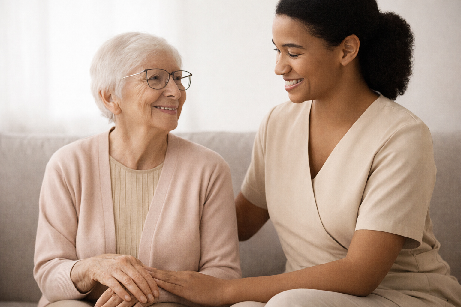 A caregiver sits beside an older woman on a sofa, offering quiet support as they share a warm, attentive moment in a softly lit home.