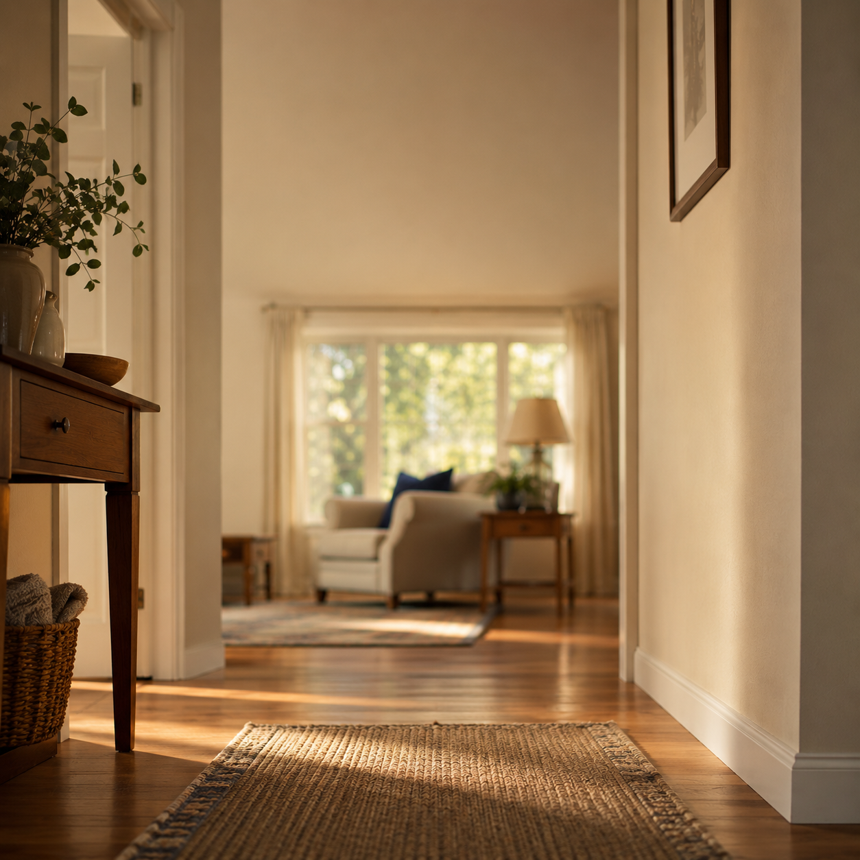 A quiet home interior with a rug edge, chair, and soft natural light, representing small safety details families may overlook.