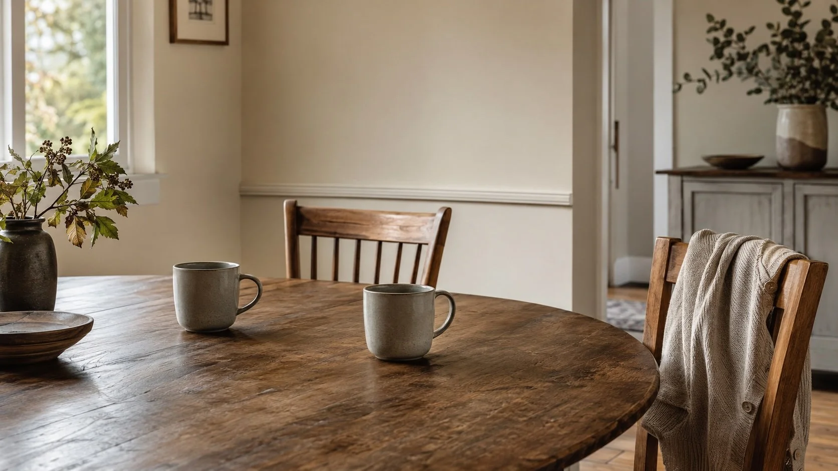 Two mugs on a quiet dining table beside an empty chair in a sunlit home — evoking the weight of a conversation about care that didn't quite open.