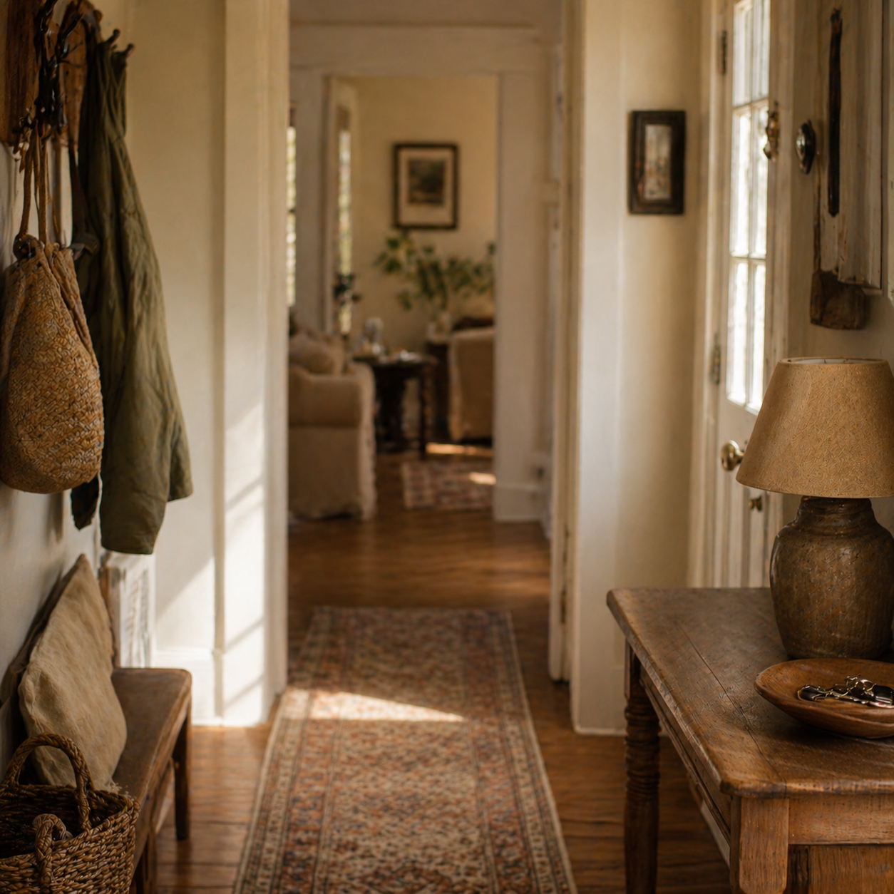 A warm, lived-in home entryway seen in soft afternoon light — a familiar space, looked at carefully and with fresh eyes.