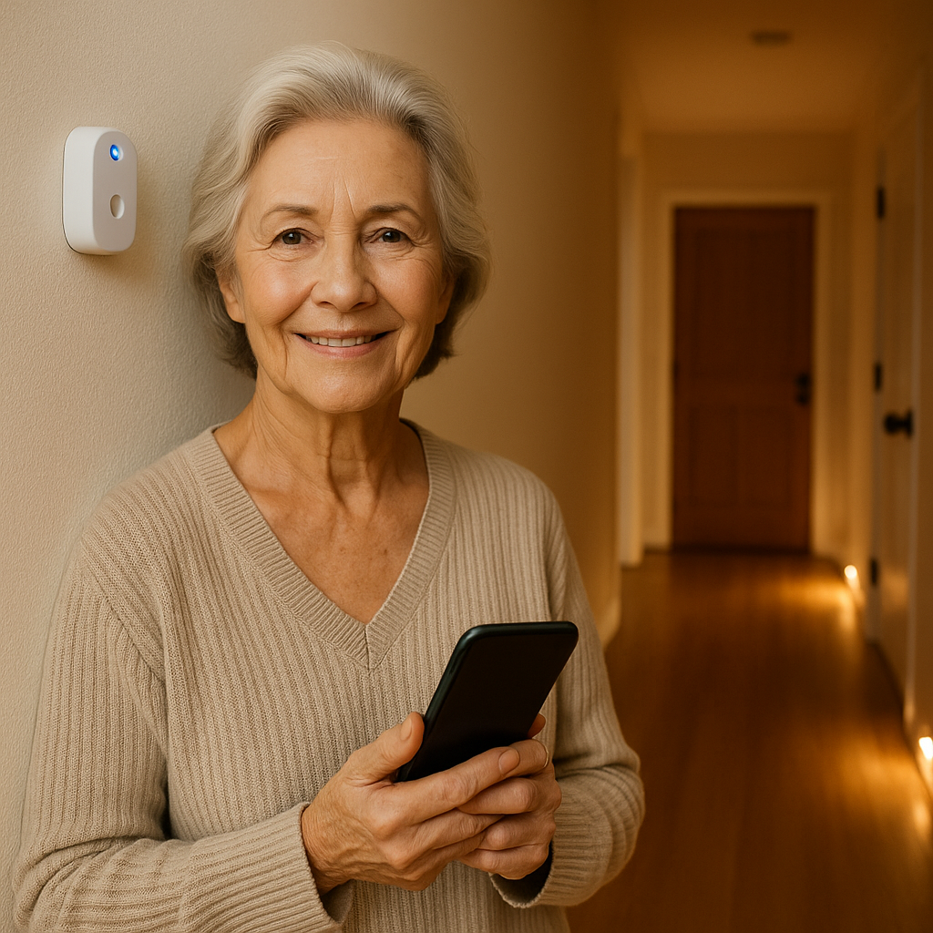 Smiling older woman holding a smartphone while standing in a softly lit hallway, with a subtle motion sensor mounted on the wall beside her, symbolizing predictive care in a calm home environment.