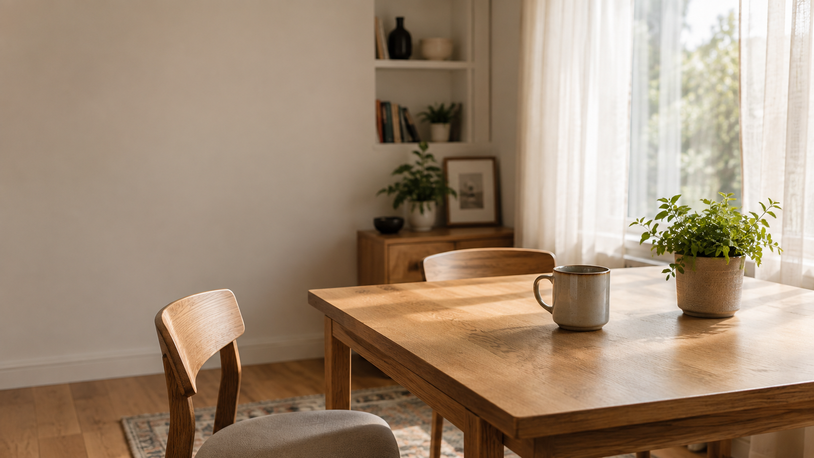 Bright, organized dining room in a modern GTA home with a wooden table, ceramic mug, small plant, and neatly arranged chairs, representing calm, coordinated home care support for aging parents.