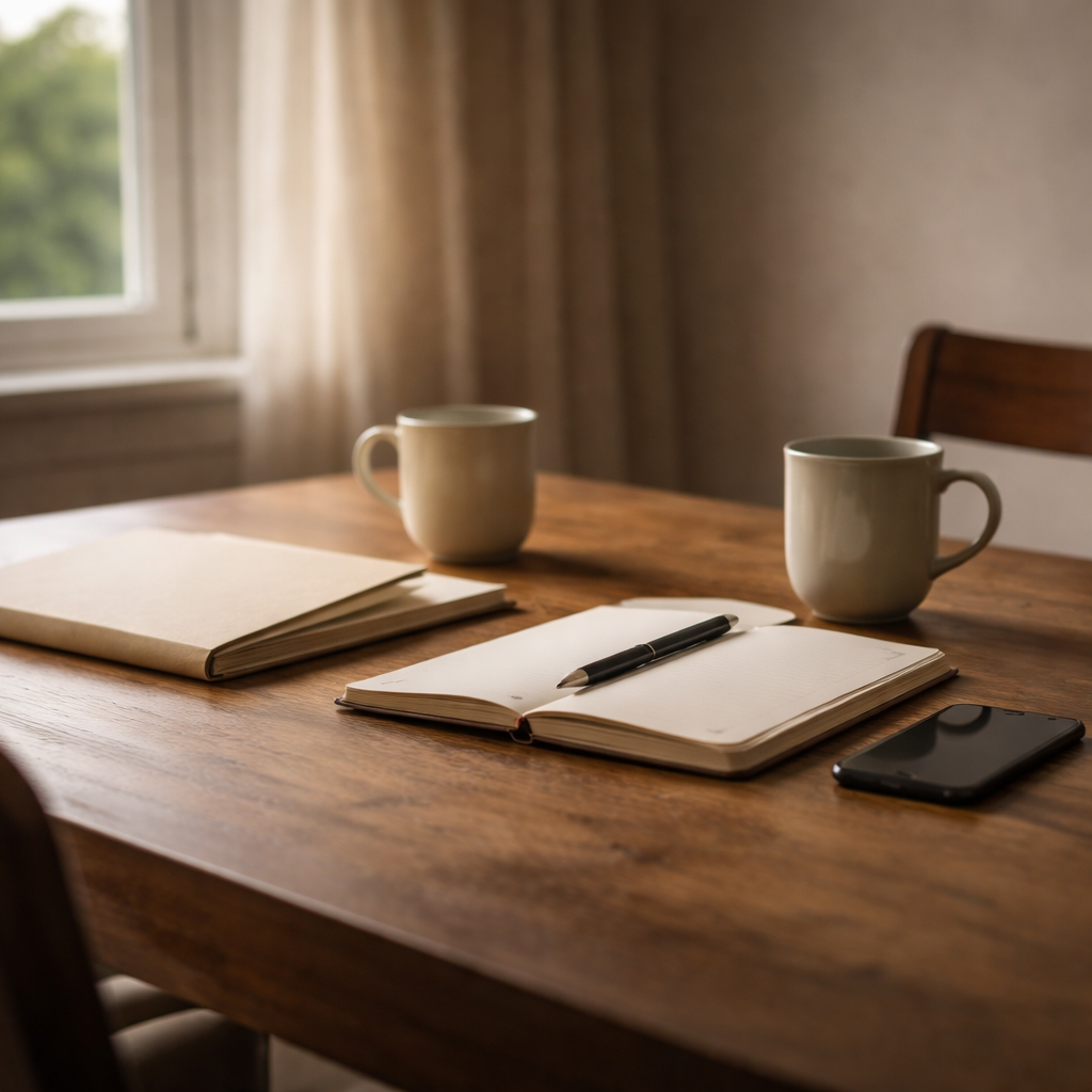 A quiet dining table with two mugs, a closed folder, a notebook and pen, and a face-down phone in soft window light, suggesting a calm family money conversation.