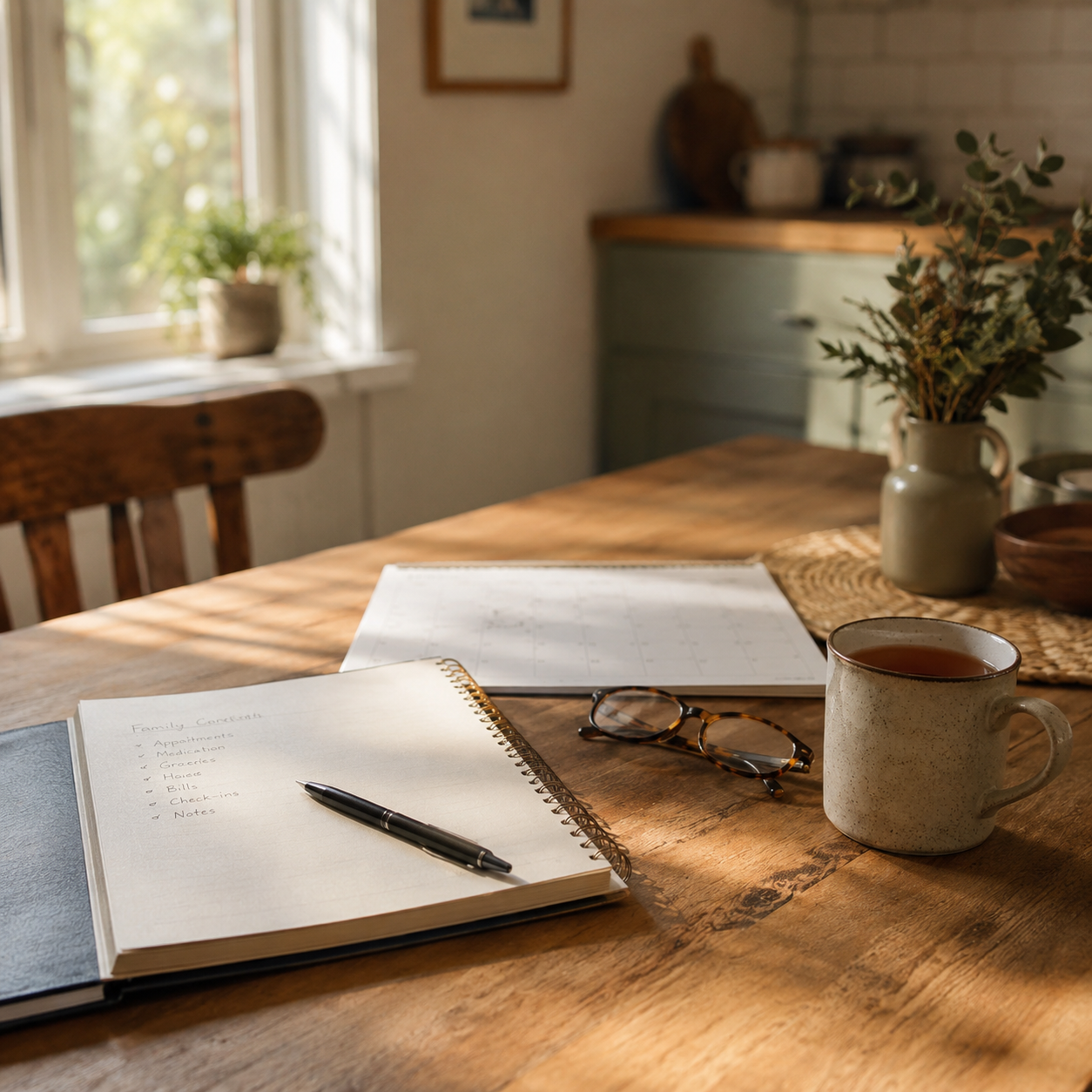 A calm kitchen table with a shared notebook, calendar, reading glasses, pen, and tea, suggesting family care coordination and shared caregiving routines.