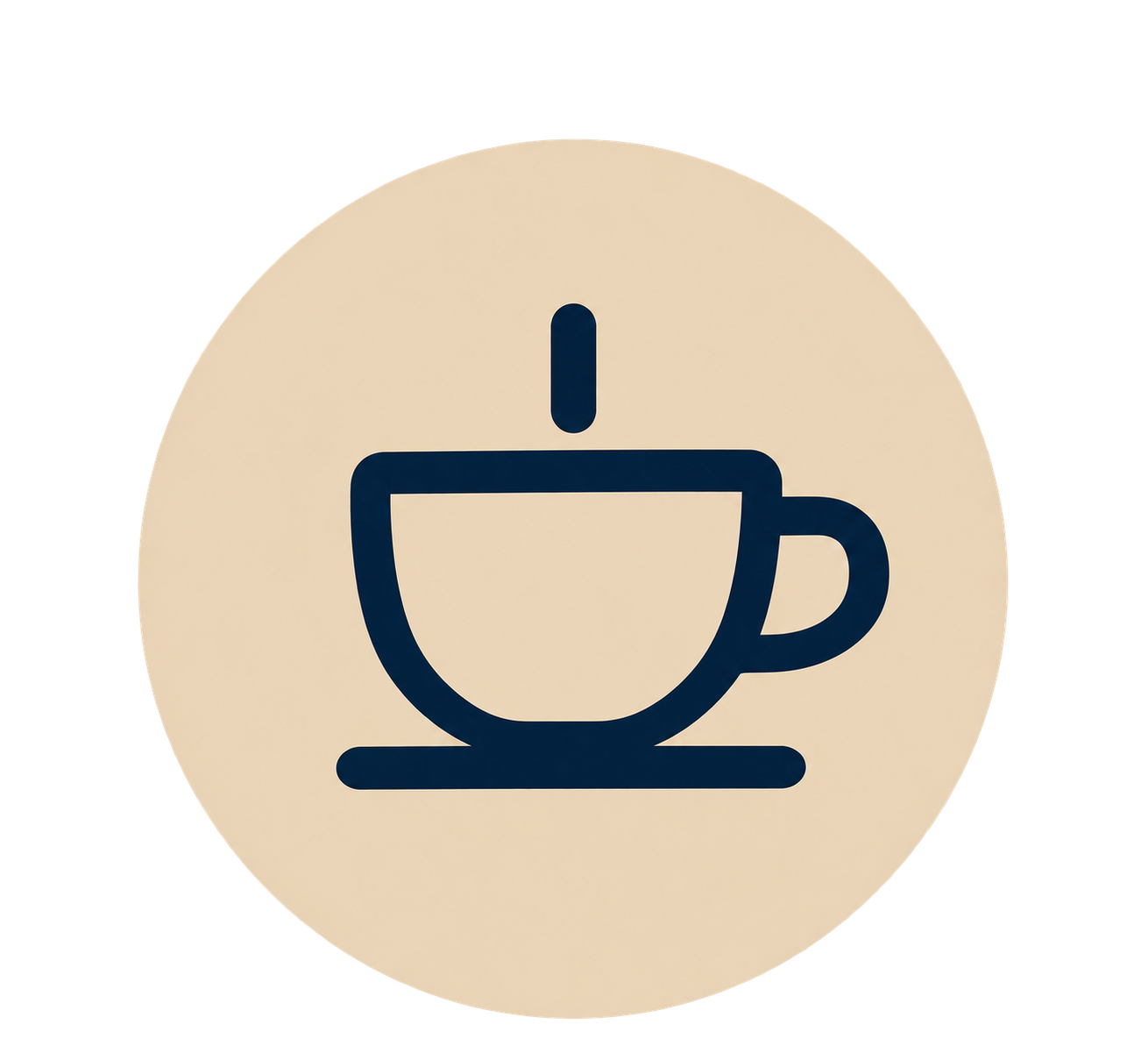Stylized dark blue coffee cup icon centered on a beige circular background