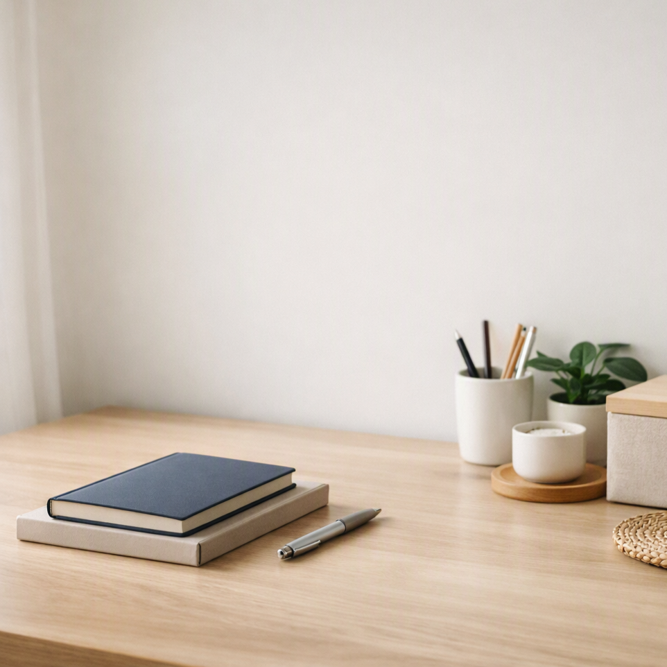 A clean, organized home workspace lit by soft natural light, with a tidy surface and simple objects arranged neatly. The scene feels calm and structured, suggesting clarity and quiet authority.