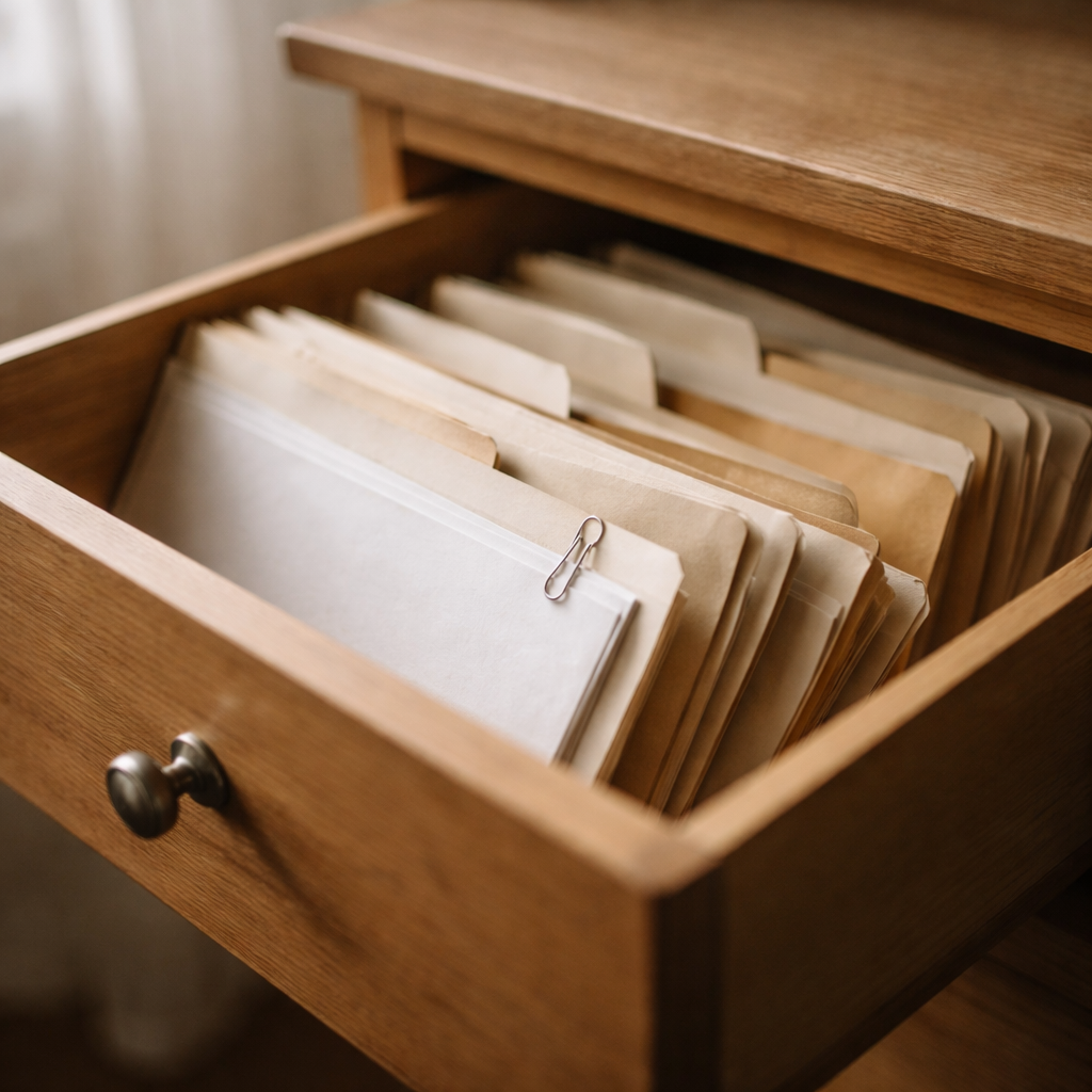 A calm, natural-light photo of a dining table with a closed folder, a small stack of papers held by a paperclip, a notebook and pen, and a mug, suggesting the quiet weight of caregiving documents at home.