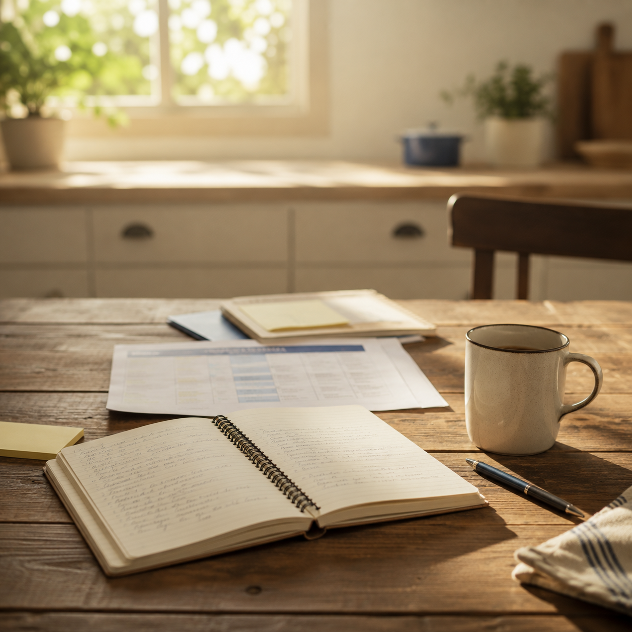 A calm home table with an open notebook, pen, mug, and care notes in soft natural light, representing home care planning and family clarity.