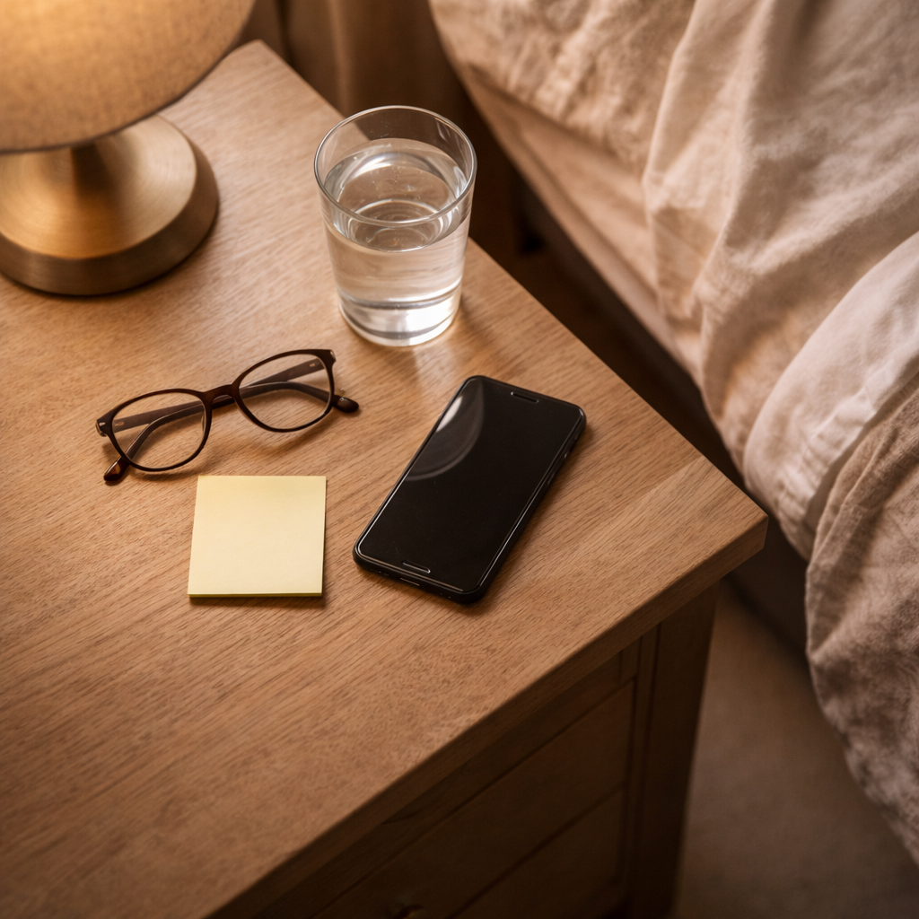 A quiet side table with a face-down phone, reading glasses, and a notebook in soft window light, suggesting calm, shame-free digital protection at home.