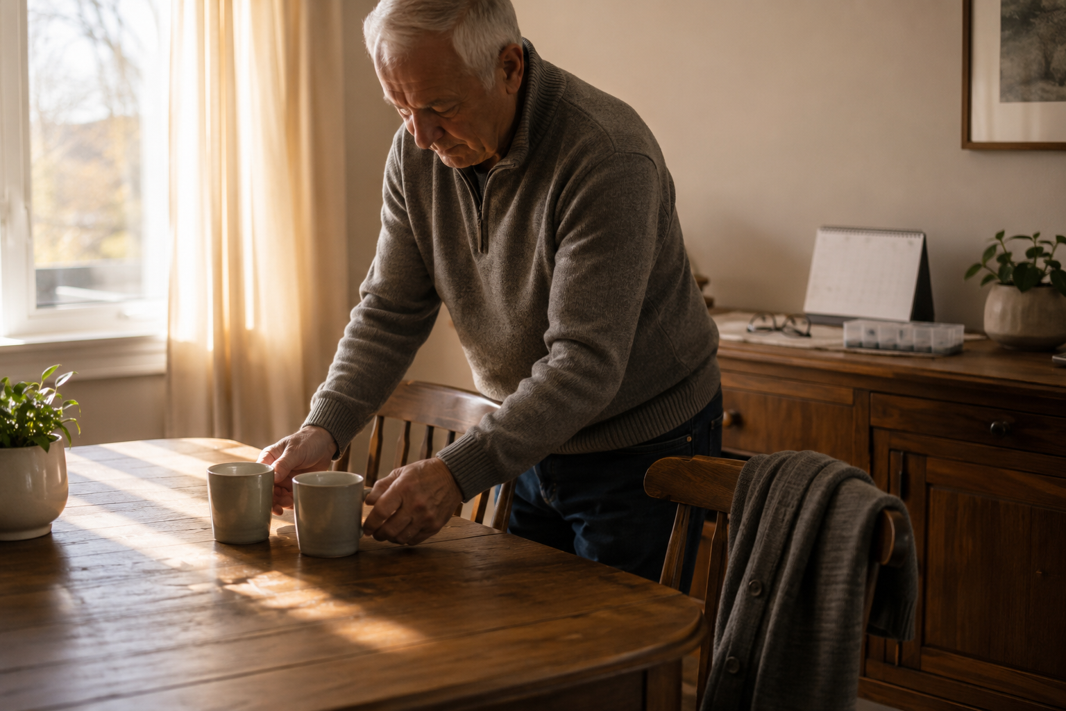 Older man setting two mugs on a dining table while quietly managing the routines of caring for his spouse at home.