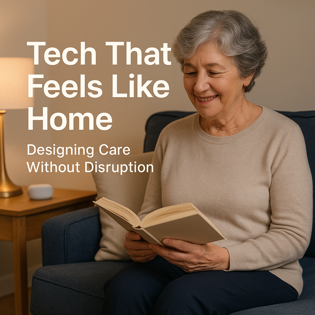 An older woman sits comfortably on a sofa reading a book in a warmly lit living room. A smart speaker and subtle lighting blend into the background, symbolizing invisible technology that supports care without disrupting home comfort.