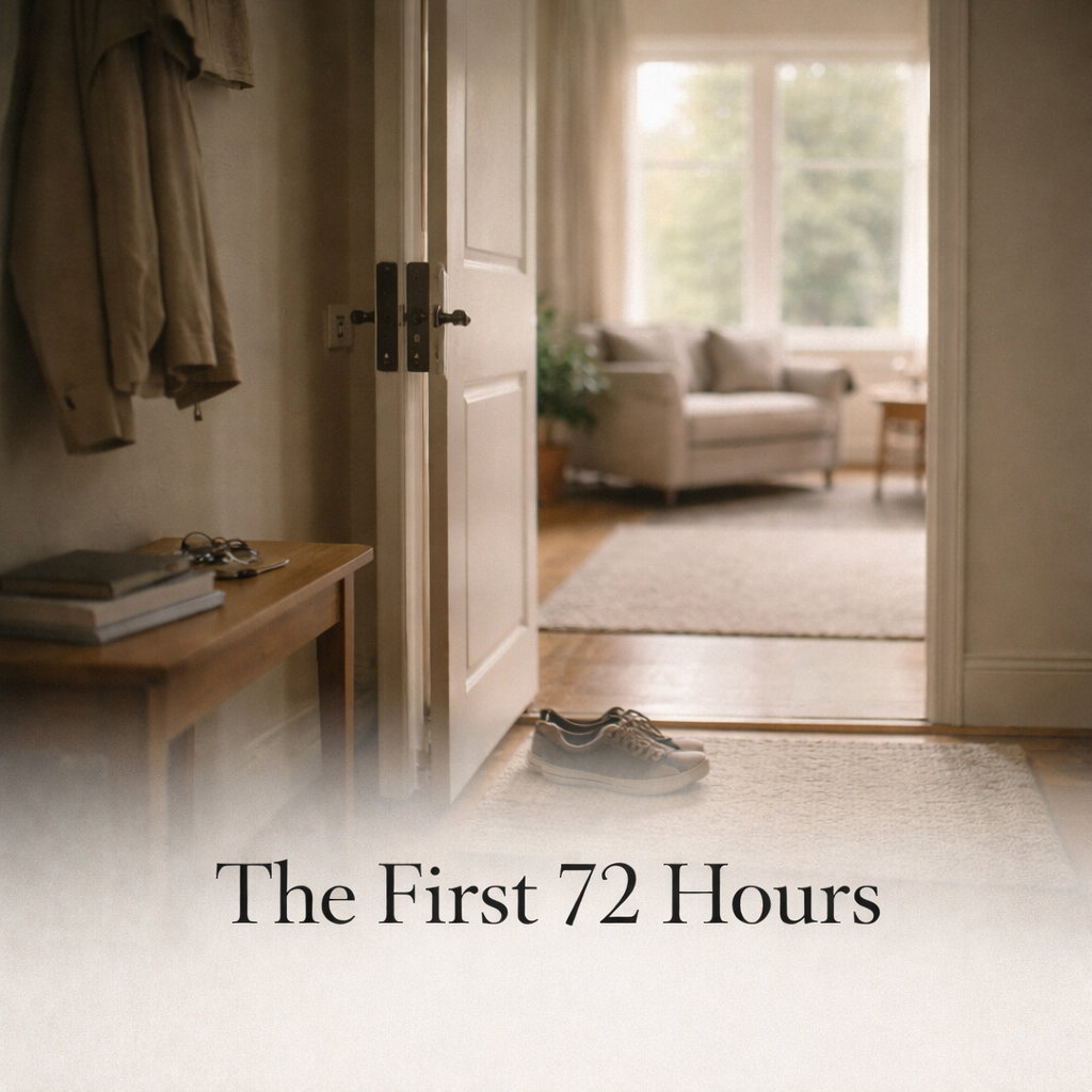 A calm, editorial-style photograph of a lived-in home entryway with natural light, showing shoes by the door, a coat on a hook, and keys on a console, reflecting a quiet moment of transition during the first days of caregiving.