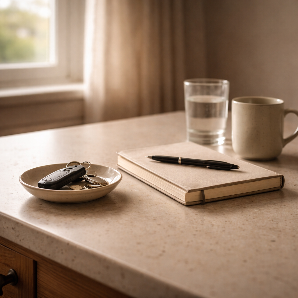 Car keys resting in a small dish beside a closed notebook and mug in soft window light, suggesting a calm conversation about driving and independence.