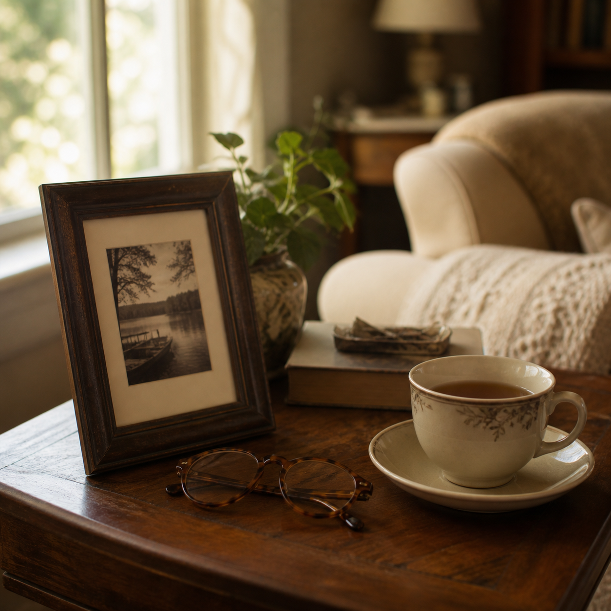 A side table holds a framed photo, reading glasses, and a cooling cup of tea — familiar objects in a quiet room, seen with new attention.
