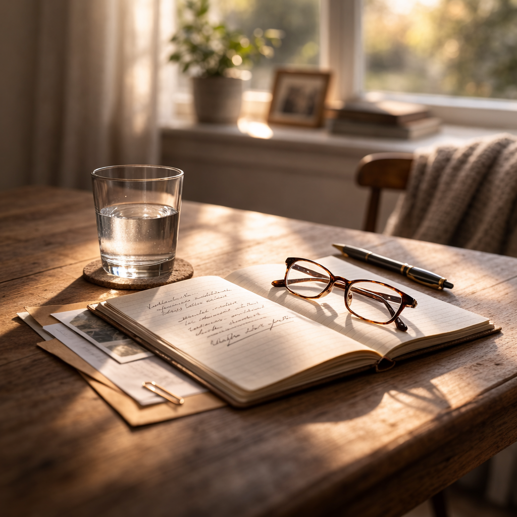 A quiet table near a window holds a glass of water, an open notebook, and reading glasses — a still moment in an uncertain time.