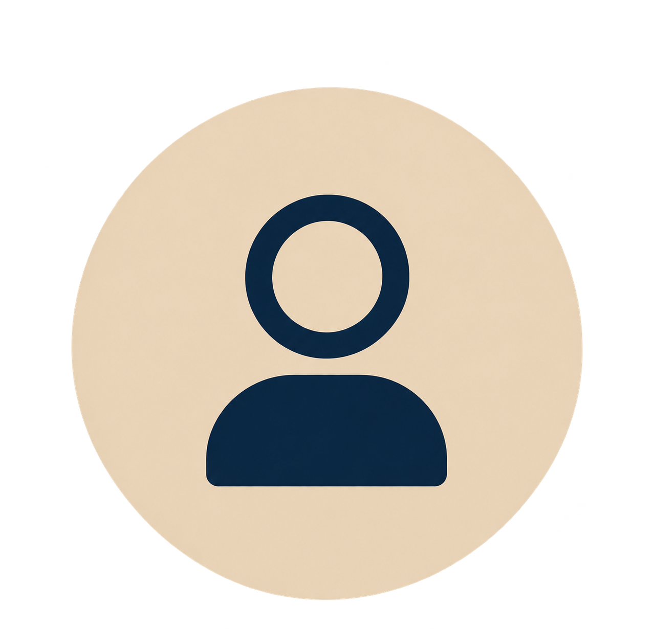 Dark blue generic user profile icon with a head-and-shoulders silhouette inside a beige circle