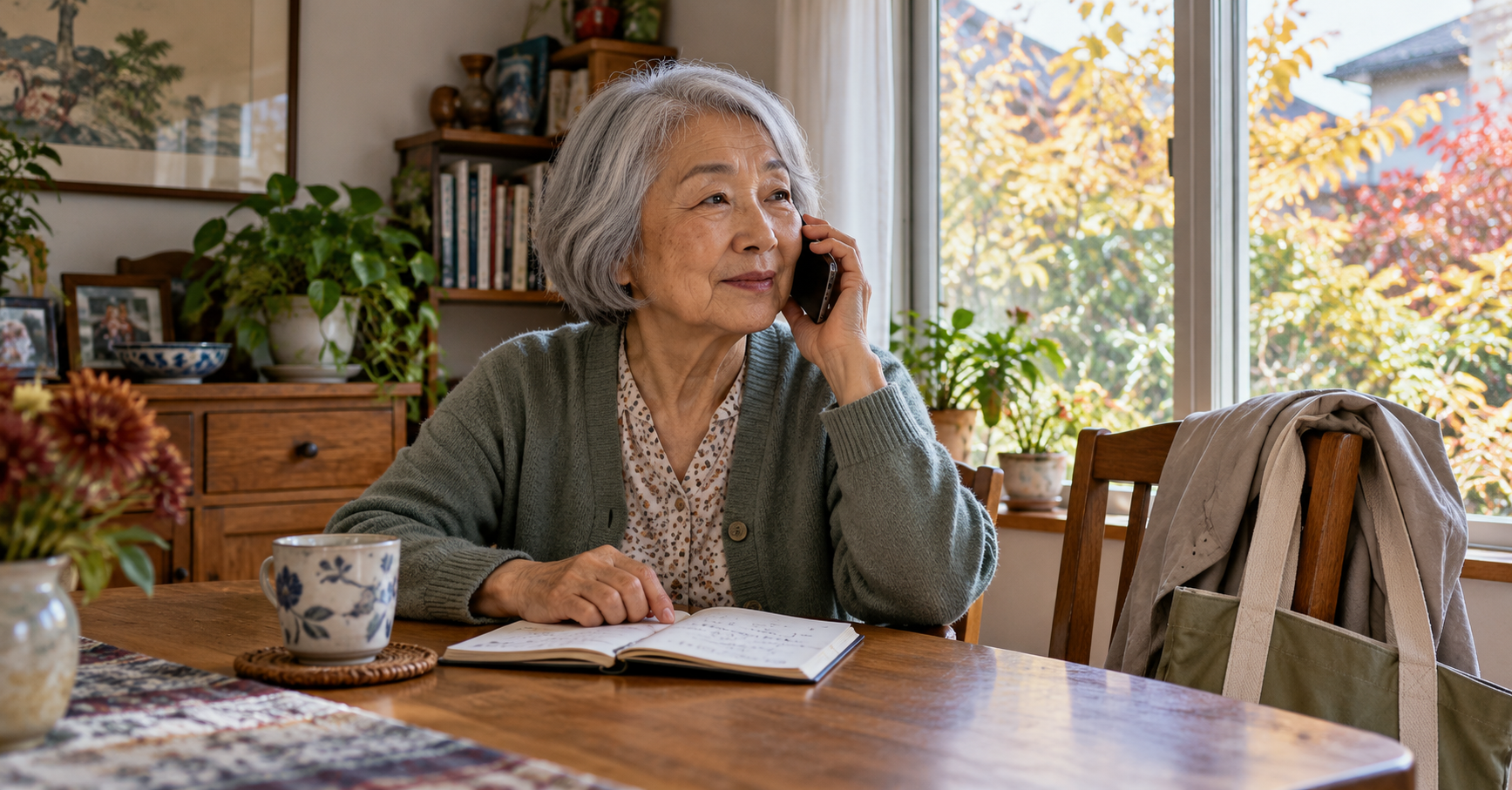 An older woman talks on the phone at a sunlit table, with an open diary in front of her and a jacket and tote on the next chair.