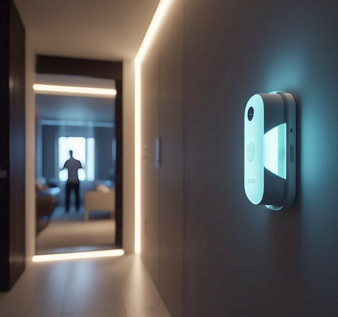 Close-up of a glowing smart motion sensor mounted in a modern hallway, with a silhouette of a person in the background, illustrating ambient predictive technology in a home setting.
