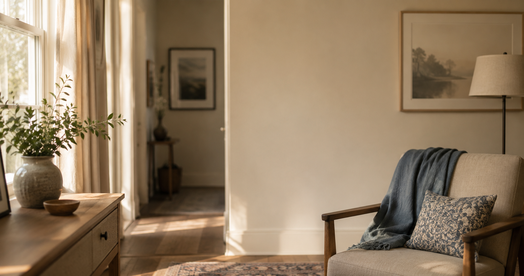 A warm, quiet home interior in soft afternoon light, representing the thoughtful process of evaluating home care for an aging parent.