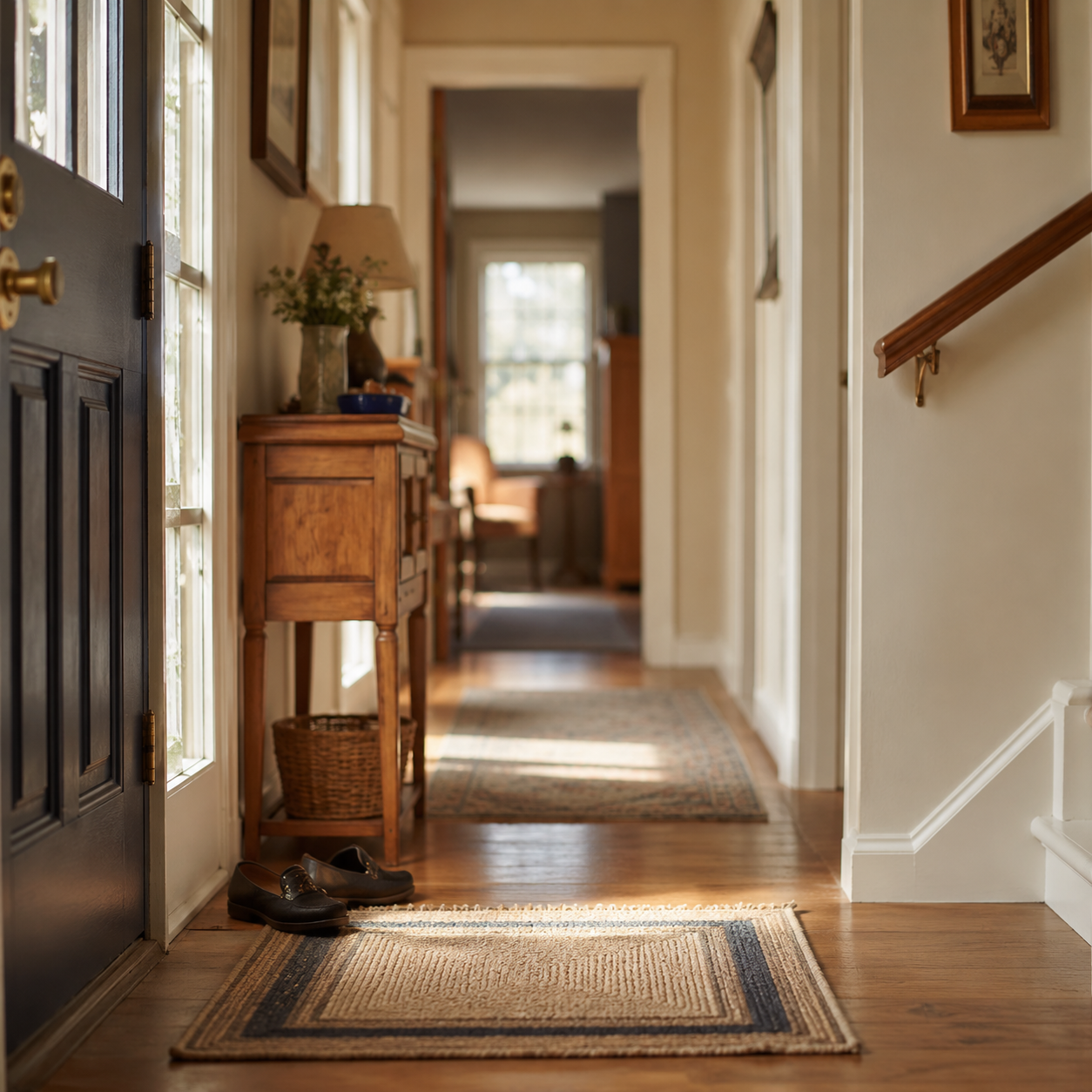 A quiet home entryway with a small rug, shoes near the door, and soft hallway light, representing home safety awareness for aging parents.