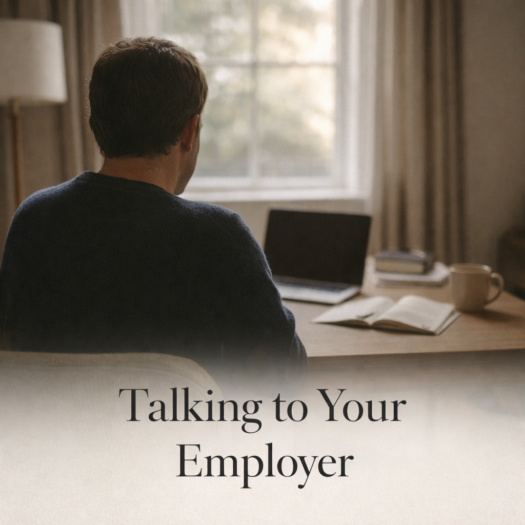 A calm, editorial-style photograph of a quiet home interior with natural light, reflecting the experience of balancing professional work and caregiving responsibilities.