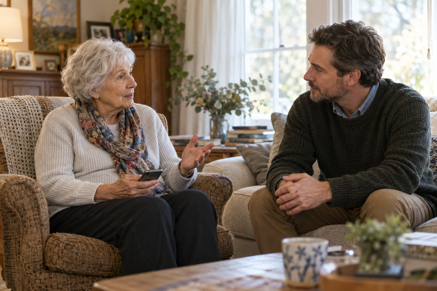 An older woman holds a phone and gestures while speaking with a middle-aged man seated opposite her in a sunlit living room.