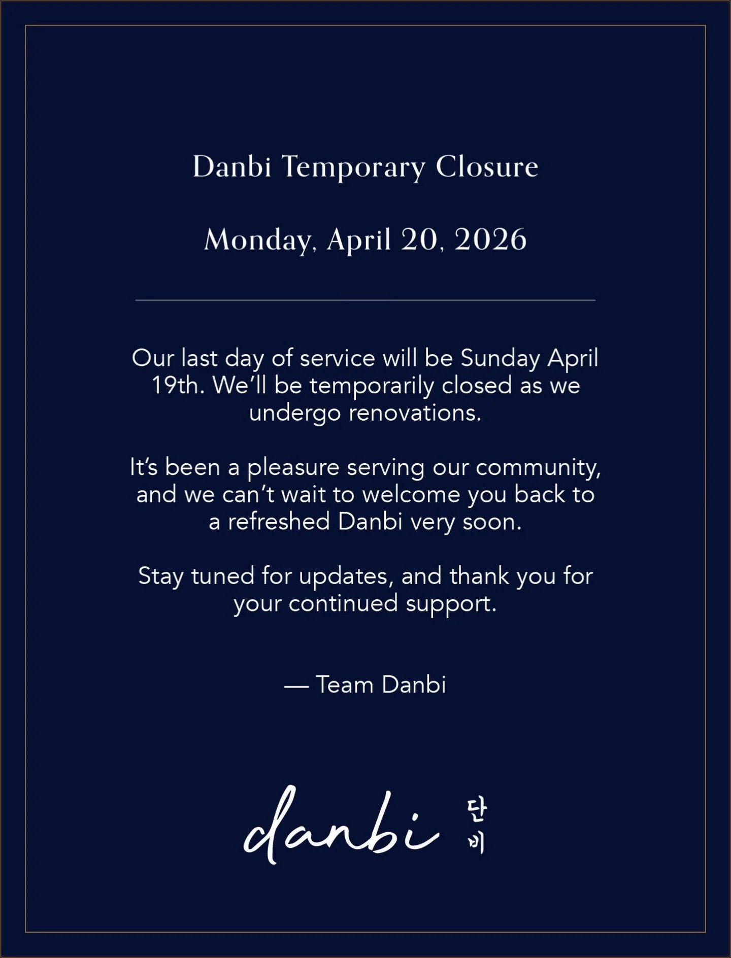 Last day of service before our temporary closure is this Sunday! We&rsquo;ll be back, stay tuned here for updates. We love you all so much 🤍