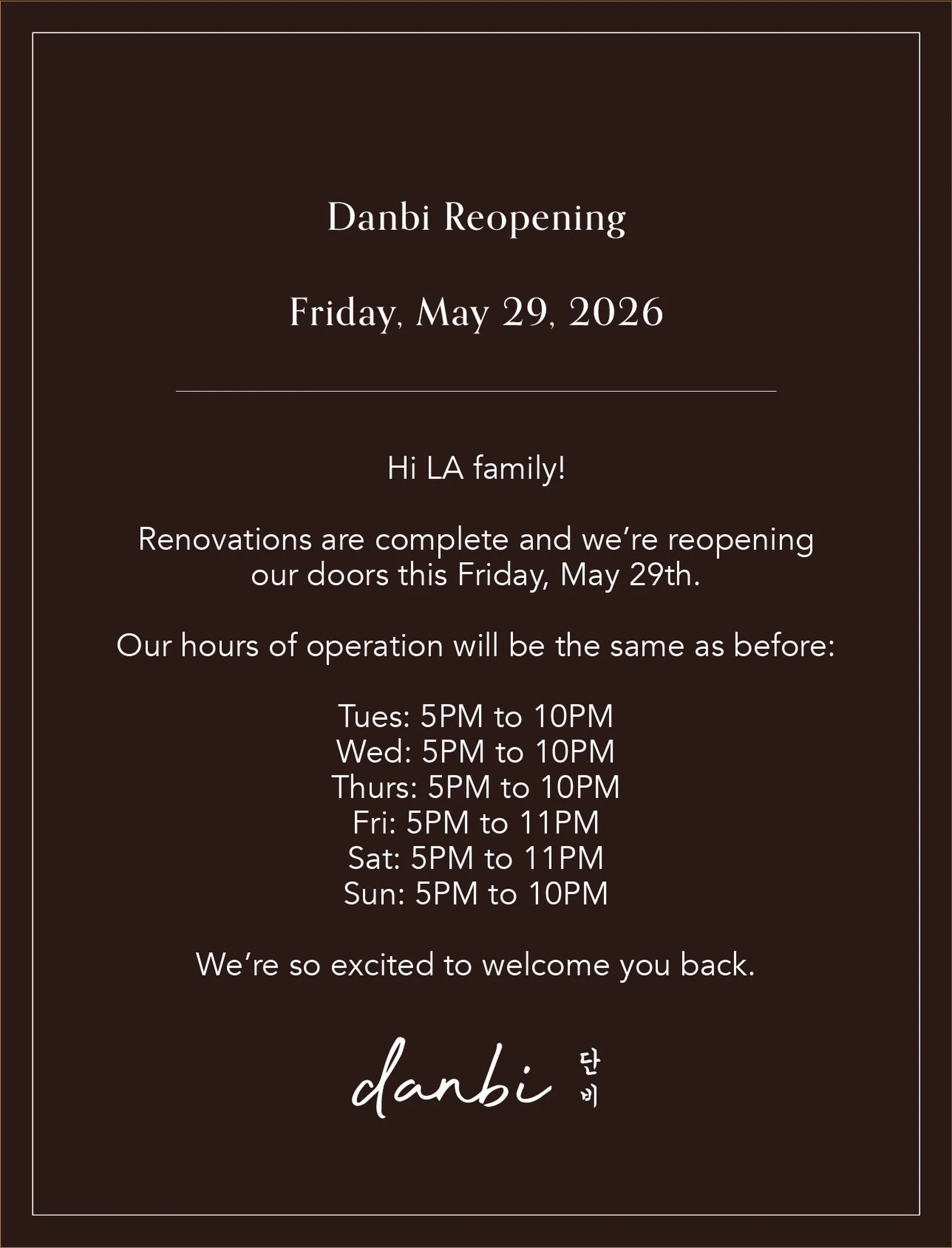 Returning this Friday! We&rsquo;re so excited to welcome you back. Reservations are live on resy.