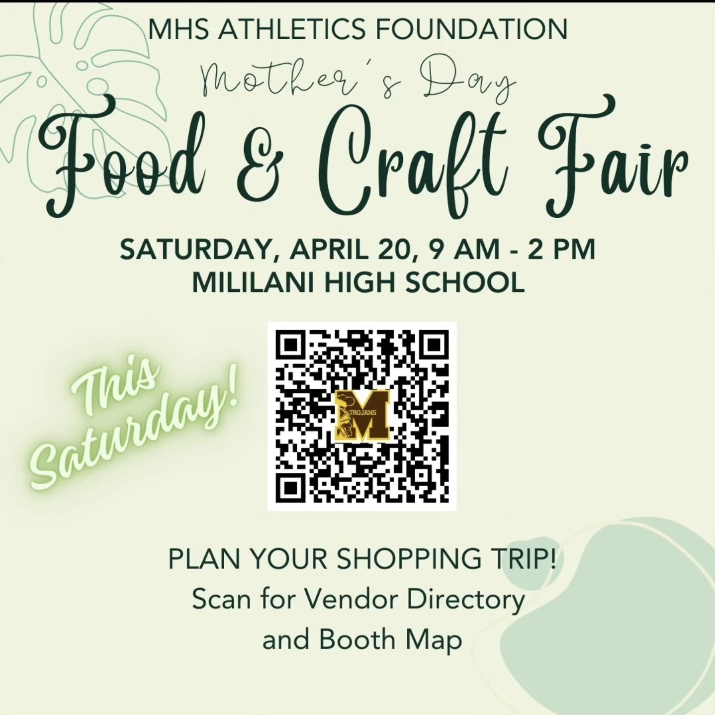 Here's something to help you navigate your shopping &amp; find your favorite vendors tomorrow🛍SCAN THE QR CODE FOR VENDOR DIRECTORY &amp; BOOTH📍You can find us in the parking lot Booth #F20. 

MOTHER'S DAY FOOD &amp; CRAFT 
MILILANI HS 
APRIL 20, S