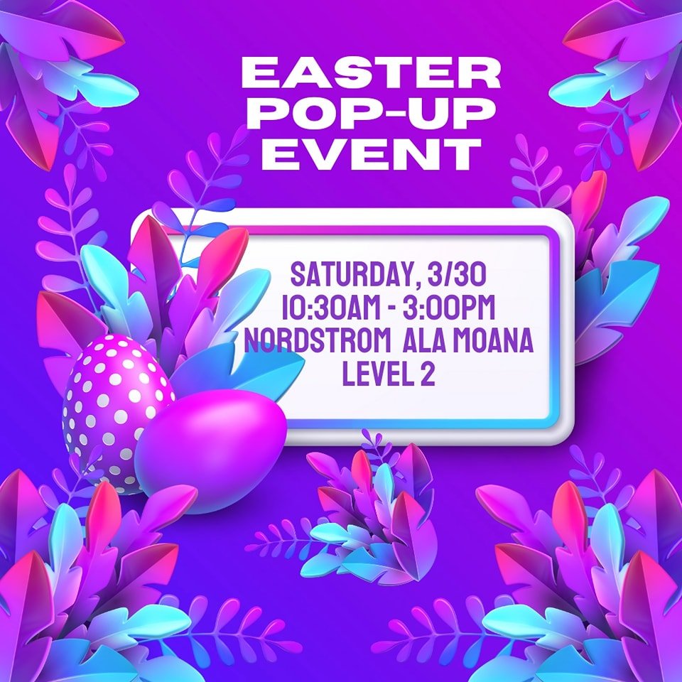 🐰EASTER SUNDAY IS ON MARCH 31ST🐰WE'LL BE AT NORDSTROM ALA MOANA, LEVEL 2, ON MARCH 30TH, 10:30AM-3:00PM. 

Come &amp; pick up some Easter treats. We'll have cookies &amp; pretzels in bunny treat bags🐰Chichi Dango Poppers in carrot-shaped bags🥕Lim